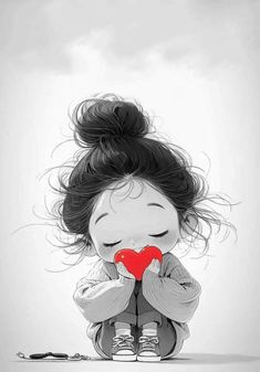 a drawing of a girl holding a red heart in her hands and looking down at the ground