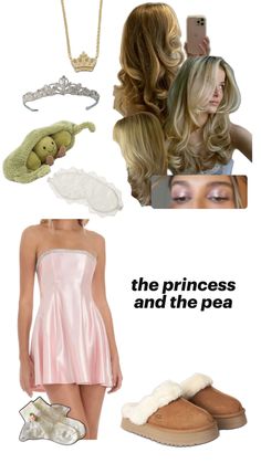 the princess and the pea costume is featured in this image, including shoes, slippers,