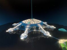 an artistic rendering of a futuristic building with lights on it's roof and stairs