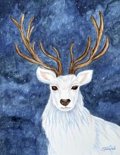 a painting of a white deer with antlers on it's head in the snow