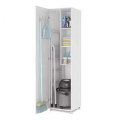 a white cabinet with an ironing board and cleaning supplies on it's shelves