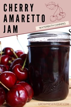 cherry jam in a jar next to cherries on a wooden table with text overlay