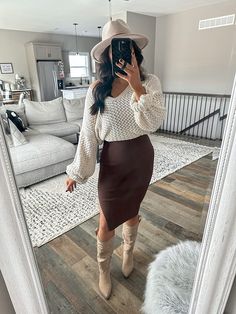 Shop our Influencers' top picks on Amazon Boots And Midi Dress, Brown Midi Dress Outfit, Midi Dress And Boots Outfit, Cream Knit Sweater Outfit, Boots With Dress Outfit, Bodycon Midi Dress Outfit, Midi Dress And Boots, Sweater Over Dress Outfit, Chunky Knit Sweater Outfit