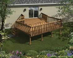 a large wooden deck in front of a house with flowers and trees around the yard