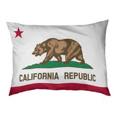 the california state flag is shown on a white pillow with red and green trims