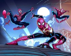 the amazing spider - man and his friends are flying through the air