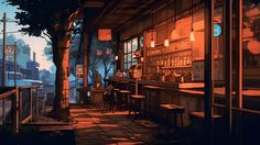 an animated image of a bar with lots of bottles on the shelves and tables in front of it