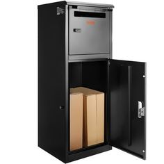 an open metal cabinet with boxes in it