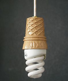 a light bulb that is shaped like an ice cream cone hanging from a ceiling fixture