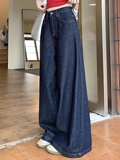 Trendy Dark Wash Wide-leg Bottoms, Casual Dark Wash Wide-leg Jeans, Wide-leg Dark Wash Jeans With Pockets, Dark Wash Wide-leg Denim Pants, Luxury Dark Wash Wide-leg Bottoms, High Heel Wedges Platform, Dark Blue Jeans, Romper And Jacket, Wide Jeans