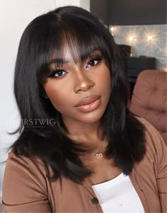 Bangs With Layers Glueless Human Hair Invisible Lace Front Wigs - ANI8008 Even Cut Wigs, Best Wolf Cut Wigs, 90 Layerd Wig, Layered Shoulder Length Wig, Glueless Lace Front Wigs Black, Human Hair Wigs Layers, Straight Bang Wigs, Wolf Cut Hair Wigs, Best Hair Oval Face For Women