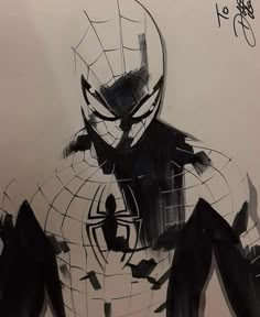 a drawing of a spider man in black and white