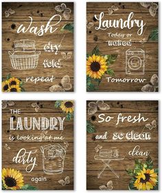 Sunflower Laundry Room Wall Decor Sign 4Pcs Rustic Farmhouse Vintage Butterfly Wall Poster Decorations for Laundry Room Home Wall Decor Art Prints 8”X10” Unframed