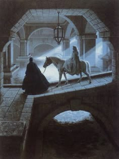 a man riding on the back of a white horse across a bridge next to a woman