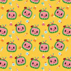 a yellow background with watermelon slices and ladybugs