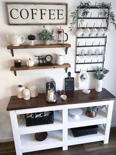 a coffee bar with shelves and plants on it