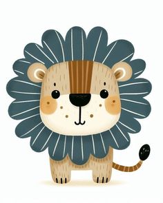 a cartoon lion with a blue flower on it's head, standing in front of a white background