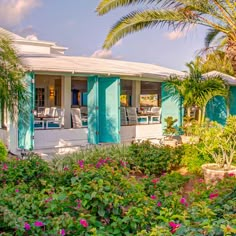 a house with blue shutters and palm trees in the front yard, surrounded by tropical vegetation