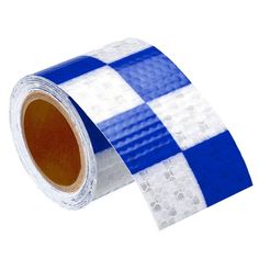 a roll of blue and white reflective tape