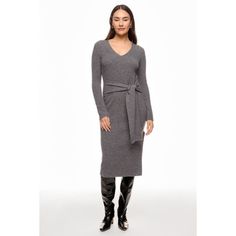 Grey (50% Merino Wool, 20% Acrylic, 30% Nylon). Casual Dresses. V-Neck. Long Sleeve. Pull On. Shoulder to Hemline Length: 44.5". Length: 14.75". Imported. Tie Front Dress, Rent The Runway, Sweater Knit, Neck Tie, Merino Wool, Knitted Sweaters, Casual Dresses, V Neck, Wool