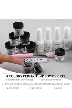 Arousar Dip Powder Nail Set Starter, 8 Colors Dipping White Gray Black Powder System Liquid Set, Base &amp; Top Coat Nail Tools for French Nail Art Manicure Salon DIY at Home, Color 49 French Nail Art, French Nail, Dip Powder Nails, Powder Nails, Nail Tools, French Nails