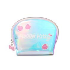 the hello kitty cosmetic bag is blue and has pink cherries on it, as well as white lettering