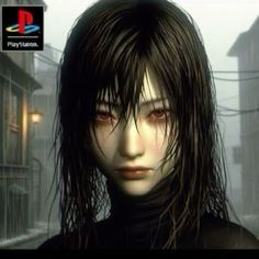 an animated image of a woman with long hair and red eyes in the video game resident evil