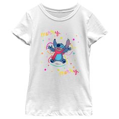 Celebrate the festive season with a touch of whimsy and warmth with the Girl's Lilo & Stitch Christmas Merry Merry T-Shirt! This charming white tee is perfect for young fans of the beloved Disney character, featuring Stitch joyfully making a snow angel in a vibrant, colorful dotted background.

- Material: Durable and soft fabric for comfortable wear
- Color: Crisp white, perfect for showcasing the vivid graphics
- Gender: Female
- Age Group: Kids
- Ideal for: Casual holiday gatherings, school C Christmas Stitch, Experiment 626, Female Features, Colorful Lettering, Cozy Clothes, Girls Disney, Snow Angel, Ohana Means Family, Holiday Attire