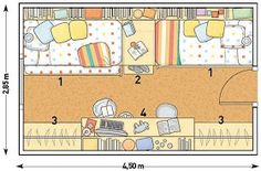 the floor plan for a small bedroom with two beds and a desk in front of it