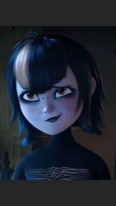 an animated character with black hair and blue eyes