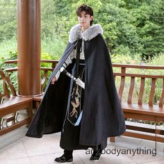 #ad Find ideas and inspiration for Men Chinese Hanfu Hooded Long Cloak Embroidery Ancient Jacket Warm Cape Coat Top, Fashion womens jacket Hanfu Cloak, Black Hanfu, Long Cloak, Winter Cape, Cape Designs, Mens Fur, Chinese Hanfu, Hooded Cloak, Cape Coat