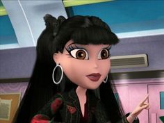 an animated woman with long black hair and big earrings pointing to something in her hand