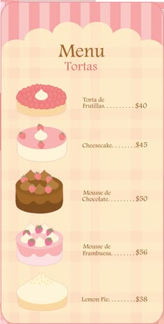 a menu with different types of cakes on it