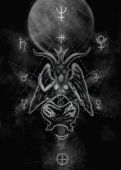 an image of the devil with symbols on it and in front of a full moon