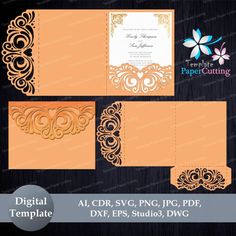 an orange and black wedding card with gold trimmings on the front, back and side