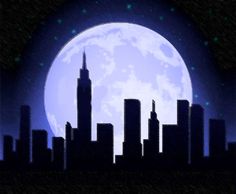 a full moon over a city skyline with skyscrapers