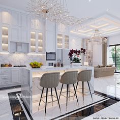 a kitchen with marble flooring and white cabinets, bar stools and an island in the middle