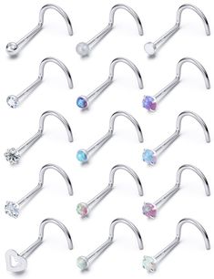 set of 10 pairs surgical steel nose piercings with ophtia and crystal stones