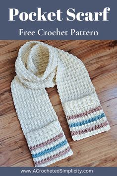 a crocheted scarf with text that reads, pocket scarf free crochet pattern