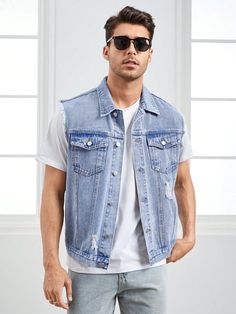 Men Cotton Ripped Frayed Flap Pocket Denim Vest Jacket Without Tee Light Wash Casual  Sleeveless Denim Plain vest Non-Stretch  Men Clothing, size features are:Bust: ,Length: ,Sleeve Length: Grey Jeans Outfit, Grey Jeans Men, Chaleco Casual, Jeans Outfit Men, Jeans Claro, Dapper Gentleman