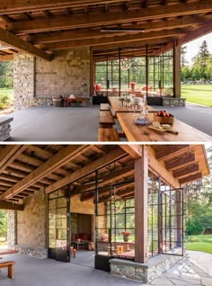 two pictures of the inside and outside of a house with wood floors, windows, and stone walls