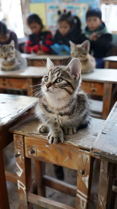 a cat sitting on top of a wooden table in a classroom with other children behind it