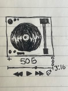 a drawing of a record player with an eyeball on it's side and arrows in the middle