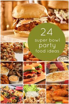 a collage of super bowl party food ideas including chicken sandwiches, salads and dips