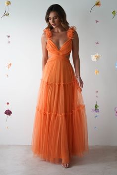 Highlights Gorgeous tulle maxi dress Unique frill straps Cut out waist Beautiful mesh back tie Available in Orange, Green, Lilac, Pink & Blue Sizing The model is 5'10 and wears UK size 8 / S / US size 4 Fit & Fabric Made from 100% Polyester Rear zip Adjustable straps Double lined True to size Length from top of Black Tie Bridesmaids, Tulle Gowns, Beach Formal, Orange Bridesmaid, Orange Bridesmaid Dresses, White Bridal Dresses, Tulle Maxi Dress, Maxi Dress Wedding Guest, White Bridesmaid Dresses