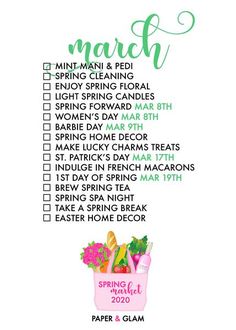 the march cleaning checklist is shown in green, pink and white with flowers on it