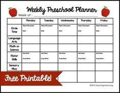 a weekly preschool planner with an apple on top and the words, free printable