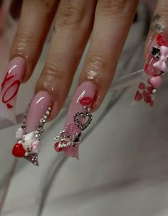 Pretty Duck Nails, Glitter Duck Nails, Valentines Duck Nails, Y2k Nails Duck, Red Bottom Nails Acrylic, Diamond Nails Design, Pink Glam Nails, Y2k Duck Nails, Extendo Nails