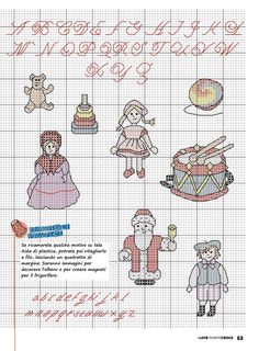 a cross stitch pattern with people and toys