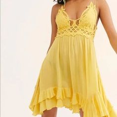 Nwt Free People Yellow Lace Dress Size S Sooo Cute Free People Adella, Yellow Lace Dresses, Free People Mini Dress, Lace Slip Dress, Yellow Lace, Short Dresses Casual, Lace Mini Dress, Ladies Dress Design, Free People Dresses